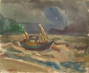gestrande kotter bij Petten, gouache, 38x46cm